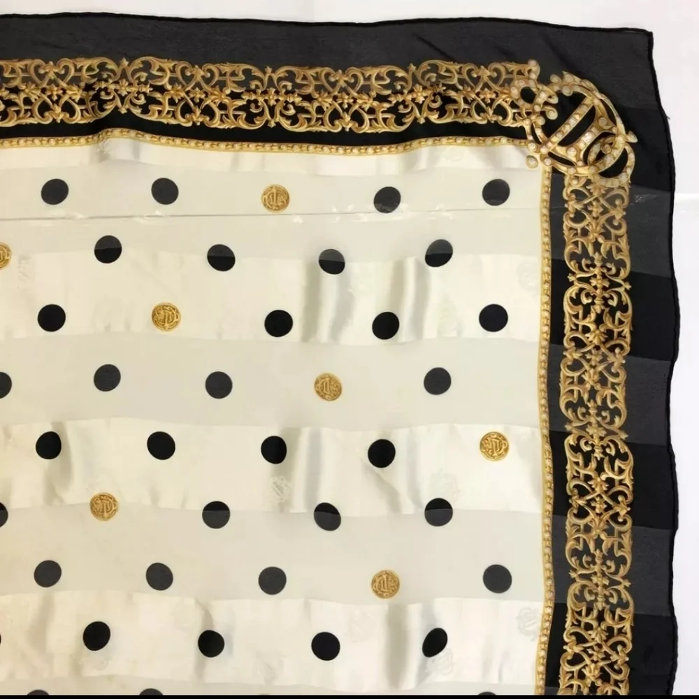 Christian Dior Vintage Emblem Logo Polka Dot Pattern Silk Scarf + Dior Hard Box